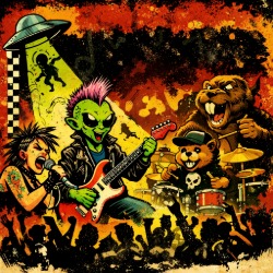 Alien Arcade and Beaver Creek punk show illustration at The Hive in Flagstaff Arizona featuring alien guitarist and energetic crowd