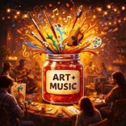 Jam jar exploding with art supplies and musical instruments at Open Art & Music Jam at The Hive Flagstaff