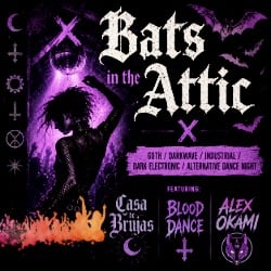 Gothic darkwave and industrial dance party artwork featuring a silhouetted dancer beneath purple club lighting with bats and underground rave aesthetics.