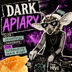 Darkwave and industrial dance event artwork featuring a DJ with a collage-style bee head, drawn-on sunglasses, neon purple lighting, and underground club aesthetics.