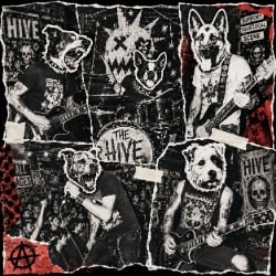 DIY punk rock collage poster featuring rough cutout photography, dog-head sticker masks, gritty xerox textures, and underground live show energy.